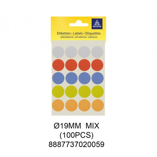 MAYSPIES MS019M COLOUR DOT LABEL / 5 SHEETS/PKT / 100PCS / ROUND 19MM MIX